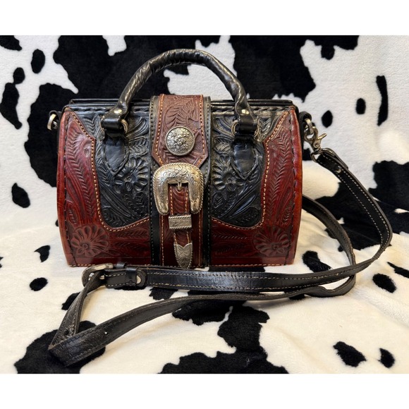 American West Handbags - American West Tooled Leather Doctor Bag Western Crossbody Satchel Black Brown